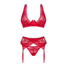 Комплект білизни Obsessive Lacelove cupless 3-pcs set XL/2XL Red, бюстгальтер, стрінги, пояс для панчіх