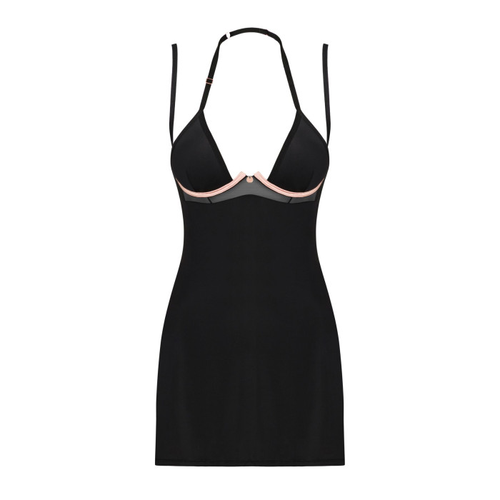 Сорочка Obsessive Selinne chemise & thong XS/S Black, стрінги, подвійні бретелі