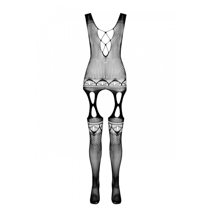 Бодістокінг з плетінням на грудях Passion BS099 One Size, black, відкритий доступ,імітація підв’язок