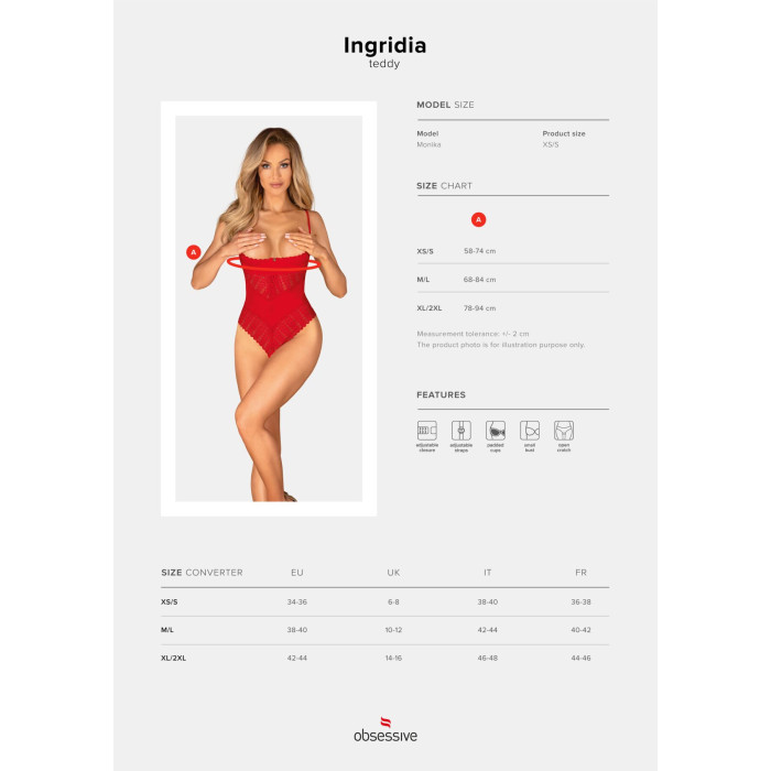 Боді з доступом Obsessive Ingridia crotchless teddy XL/2XL, червоне, відкриті груди