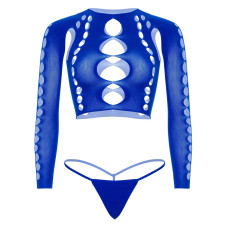 Комплект безшовної білизни Leg Avenue Long sleeve crop top & string Royal Blue One Size, топ, стрінги