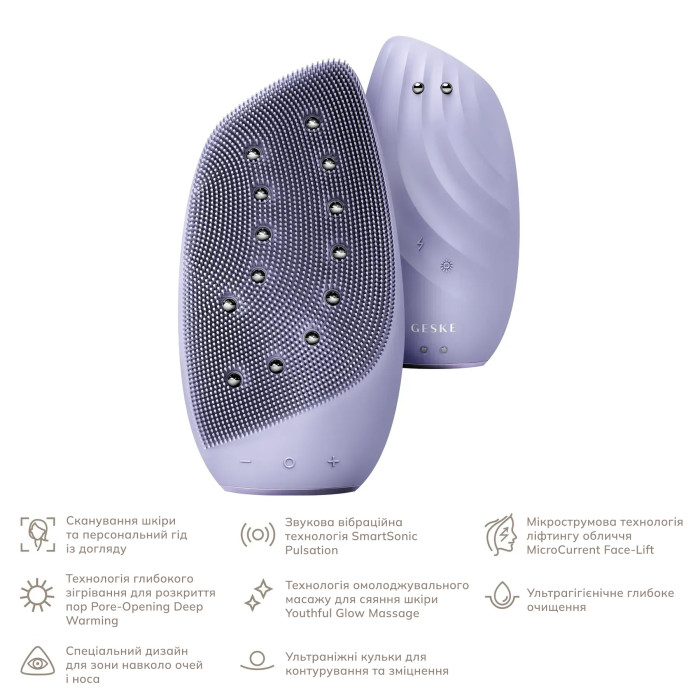 Очищувальна щітка для обличчя GESKE Sonic Thermo Facial Brush&Face-Lifter 8в1 purple