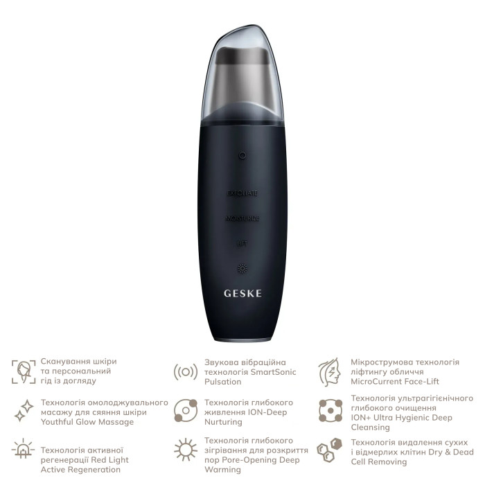 Мікрострумовий скрабер для шкіри та усунення чорних точок GESKE MicroCurrent Skin Scrubber&Blackhead Remover 9в1 black