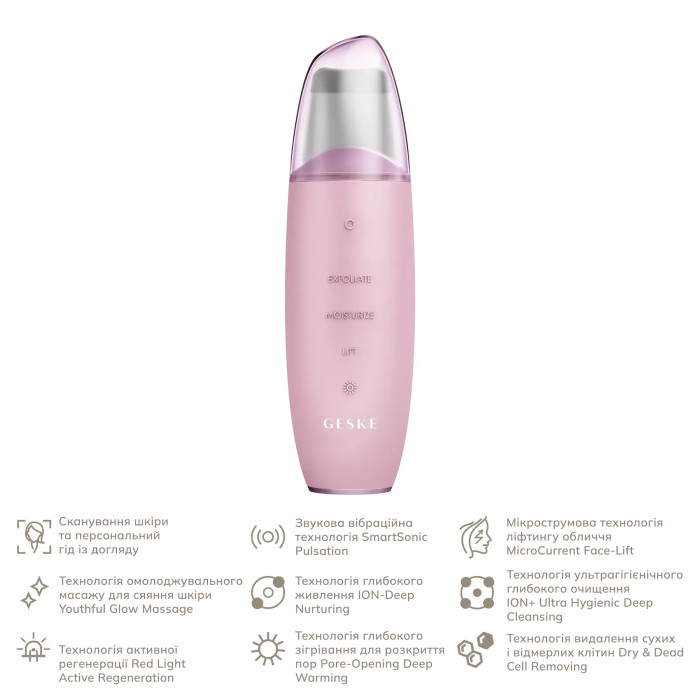Мікрострумовий скрабер для шкіри та усунення чорних точок GESKE MicroCurrent Skin Scrubber&Blackhead Remover 9в1 pink