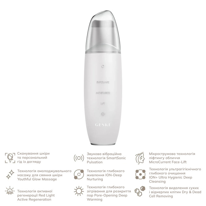 Мікрострумовий скрабер для шкіри та усунення чорних точок GESKE MicroCurrent Skin Scrubber&Blackhead Remover 9в1 white
