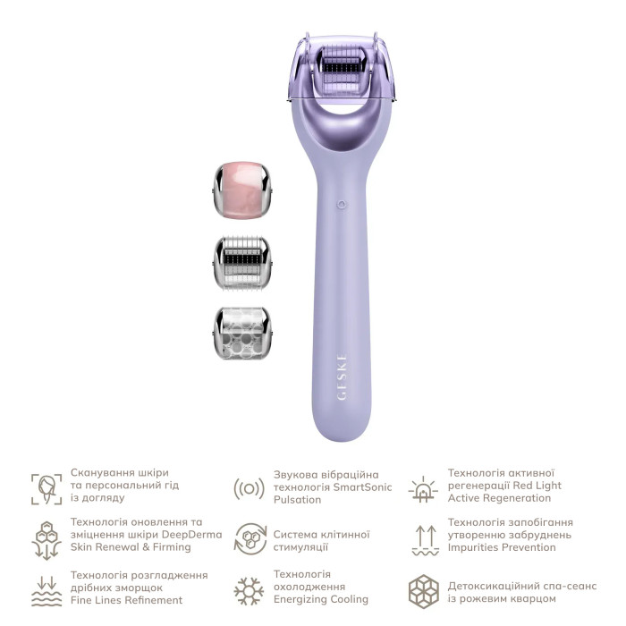 Електронний ролер для обличчя з мікроголками GESKE MicroNeedle Face Roller 9в1 purple