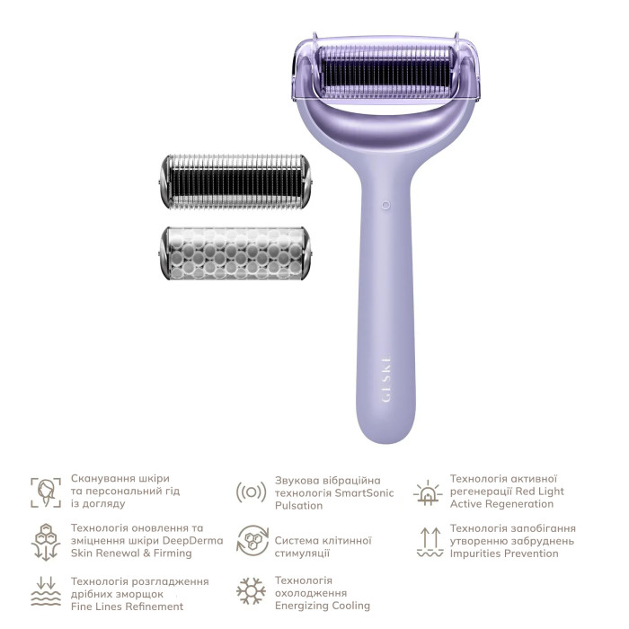 Електронний ролер для обличчя та тіла з мікроголками GESKE MicroNeedle Face&Body Roller 8в1 purple