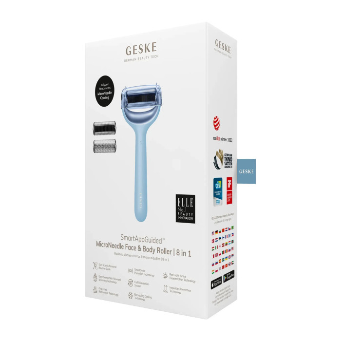 Електронний ролер для обличчя та тіла з мікроголками GESKE MicroNeedle Face&Body Roller 8в1 aquamarine