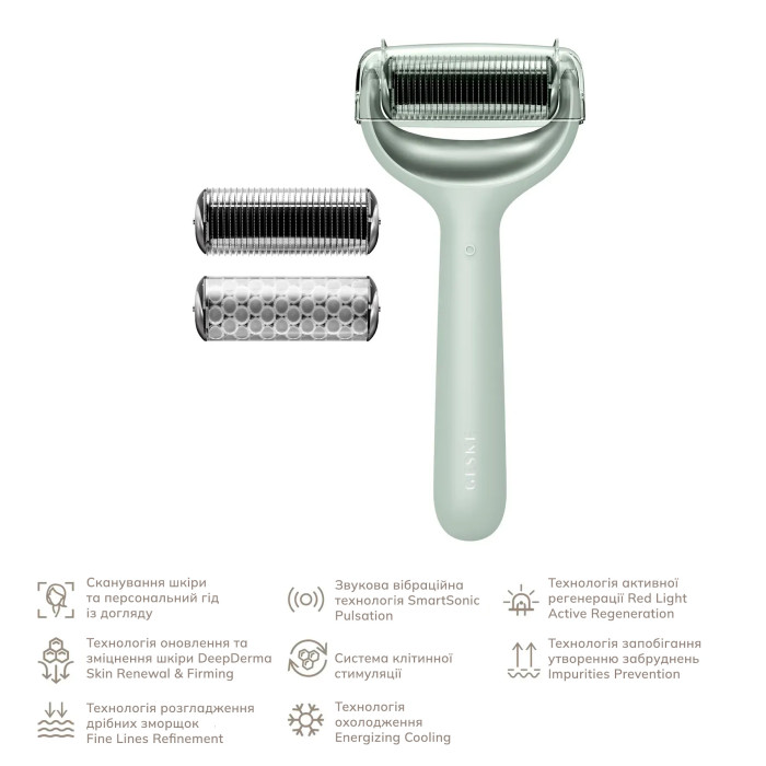 Електронний ролер для обличчя та тіла з мікроголками GESKE MicroNeedle Face&Body Roller 8в1 green
