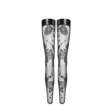Панчохи без миска Noir Handmade F243 Tulle stockings with patterned flock embroidery, M