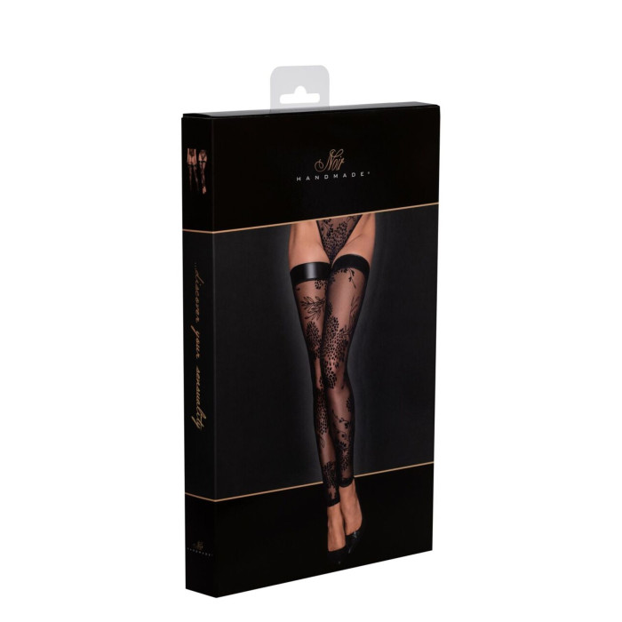 Панчохи без миска Noir Handmade F243 Tulle stockings with patterned flock embroidery, XL