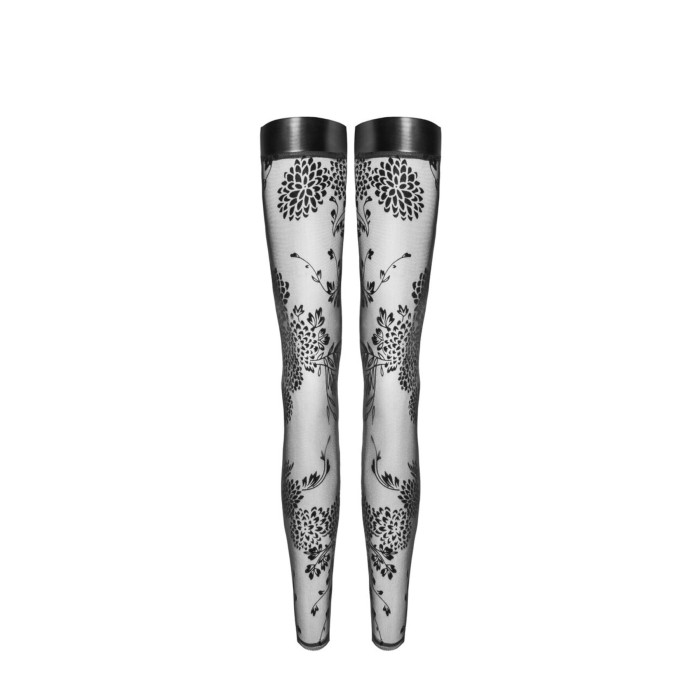 Панчохи без миска Noir Handmade F243 Tulle stockings with patterned flock embroidery, XXL
