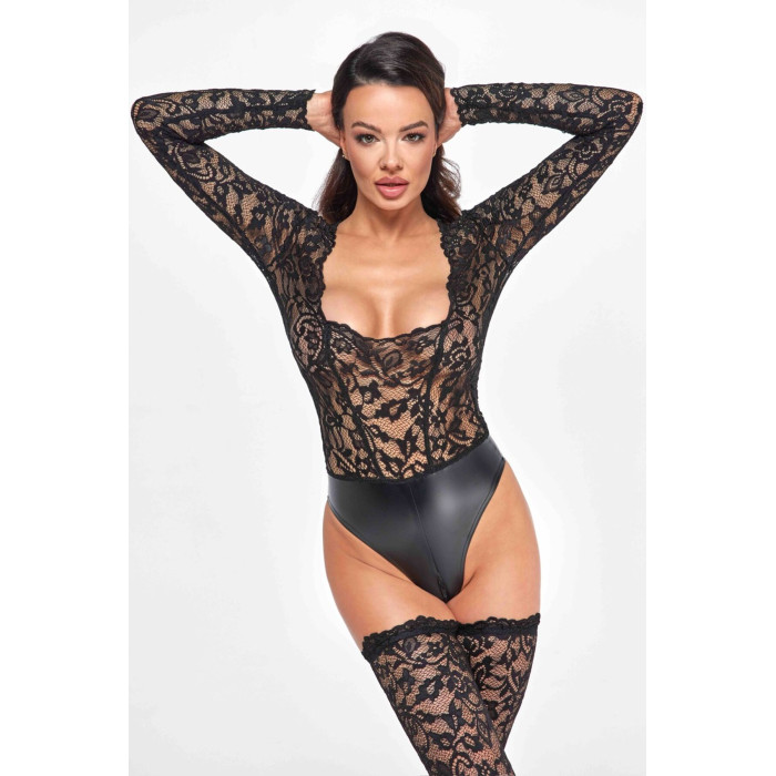 Боді Noir Handmade F296 Psyche, XXL, мереживо, довгий рукав, низ під латекс, з доступом