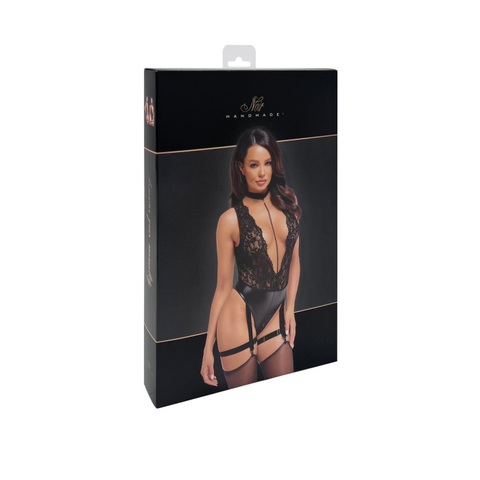 Боді Noir Handmade F297 Libido, M, чорне, мереживо, низ під латекс, відкритий доступ, гартери