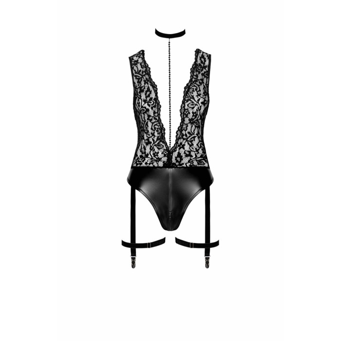 Боді Noir Handmade F297 Libido, L, чорне, мереживо, низ під латекс, відкритий доступ, гартери