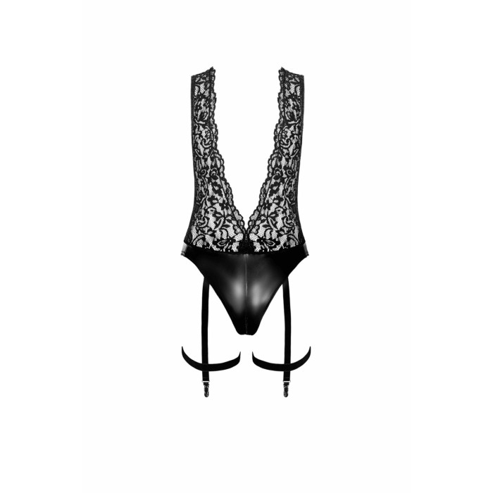 Боді Noir Handmade F297 Libido, 3XL, чорне, мереживо, низ під латекс, відкритий доступ, гартери