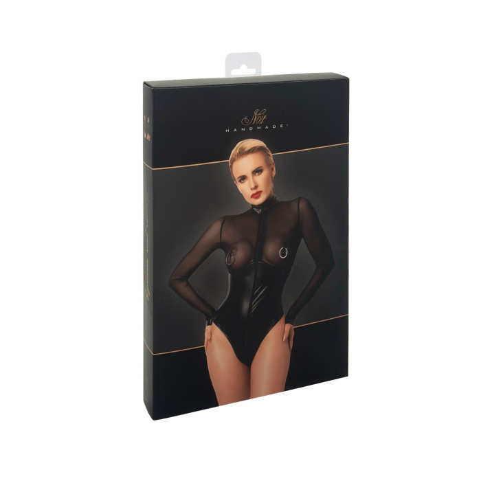 Боді Noir Handmade F321 Edge, 3XL, низ під латекс, верх сітка, блискавка на все тіло, декор кільця