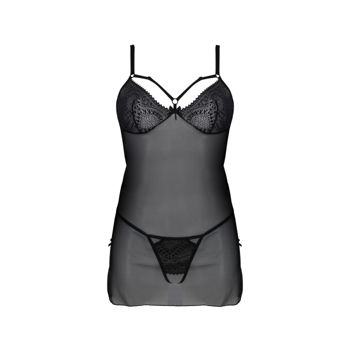 Пеньюар Passion DROSERA CHEMISE black, S/M, мереживний ліф зі стрепами, трусики в комплекті