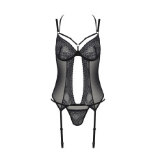 Корсет Passion DROSERA CORSET black, L/XL, з кріпленнями для панчіх, трусики в комплекті