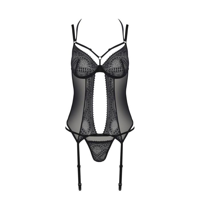 Корсет Passion DROSERA CORSET black, L/XL, з кріпленнями для панчіх, трусики в комплекті