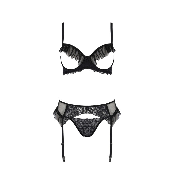 Комплект Passion KERRIA SET WITH OPEN BRA black, S/M, бюстгальтер з відкритою чашкою, стрінги, пояс для панчіх