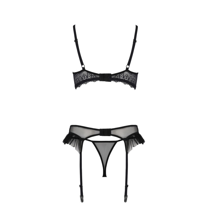 Комплект Passion KERRIA SET WITH OPEN BRA black, S/M, бюстгальтер з відкритою чашкою, стрінги, пояс для панчіх