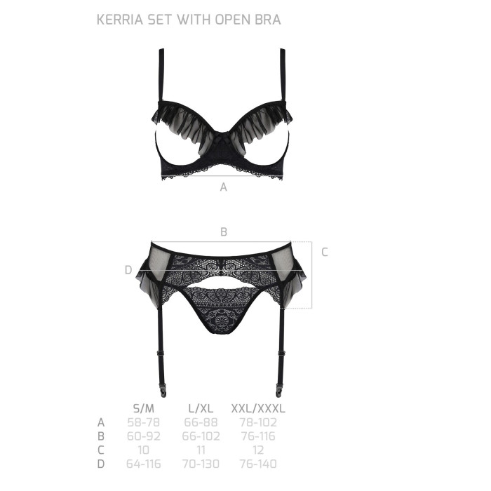 Комплект Passion KERRIA SET WITH OPEN BRA black, S/M, бюстгальтер з відкритою чашкою, стрінги, пояс для панчіх