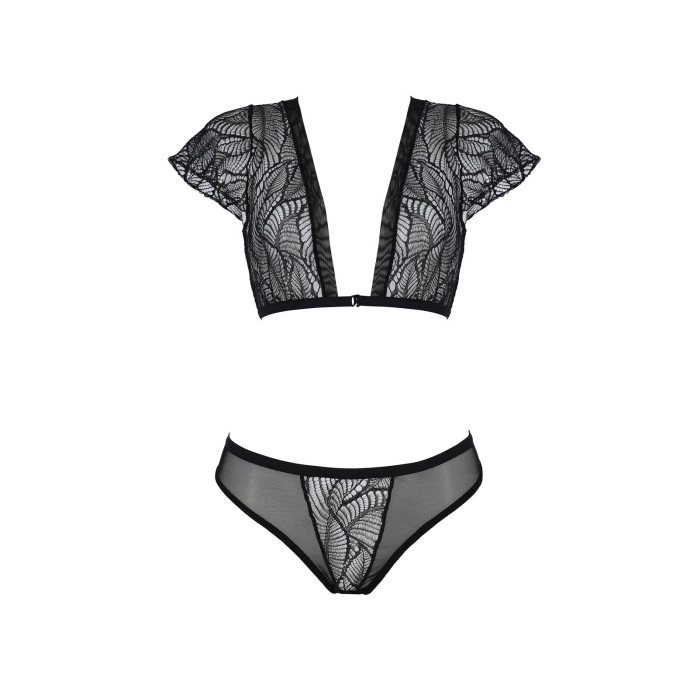 Комплект Passion LEAFA BIKINI black, XXL/XXXL, бюстгальтер-топ з рукавчиками, стрінги-шортики з вирізом