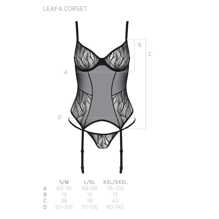 Корсет Passion LEAFA CORSET black L/XL, м'які чашки, затискачі для панчіх, стрінги в комплекті