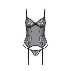 Корсет Passion LEAFA CORSET black S/M, м'які чашки, затискачі для панчіх, стрінги в комплекті