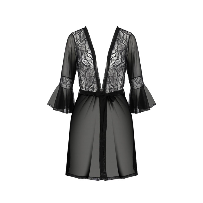 Пеньюар Passion LEAFA PEIGNOIR black, XXL/XXXL, довжина трохи вище коліна, широкі рукави, зав'язується на пояс