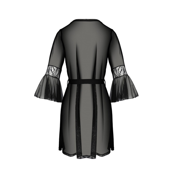 Пеньюар Passion LEAFA PEIGNOIR black, XXL/XXXL, довжина трохи вище коліна, широкі рукави, зав'язується на пояс