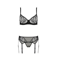 Комплект Passion LEAFA SET black S/M, мереживо+сітка, бюстгальтер на кісточках, стрінги, пояс для панчіх