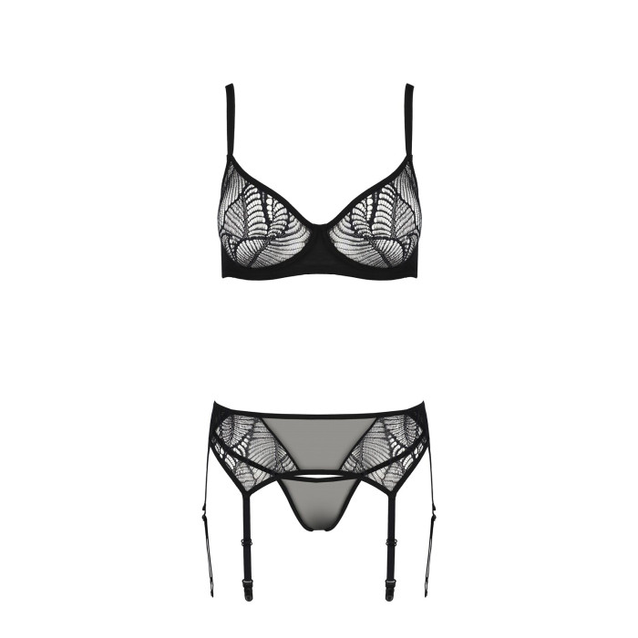 Комплект Passion LEAFA SET black, XXL/XXXL, мереживо+сітка, бюстгальтер на кісточках, стрінги, пояс для панчіх