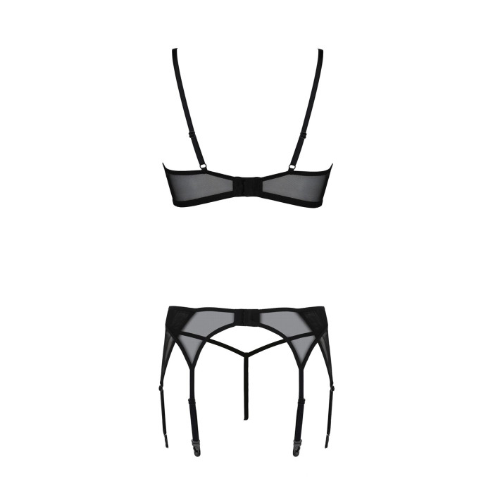 Комплект Passion LEAFA SET black, XXL/XXXL, мереживо+сітка, бюстгальтер на кісточках, стрінги, пояс для панчіх