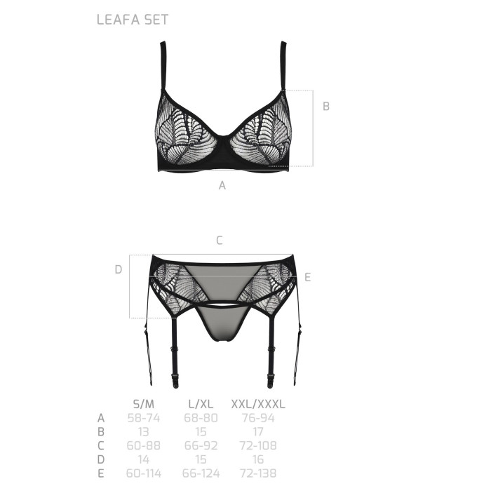 Комплект Passion LEAFA SET black, XXL/XXXL, мереживо+сітка, бюстгальтер на кісточках, стрінги, пояс для панчіх