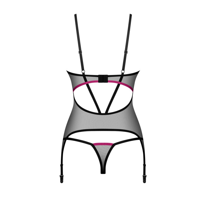 Корсет Obsessive Novenes corset & thong, XS/S, прозорий, відкрита спина, стрінги в комплекті