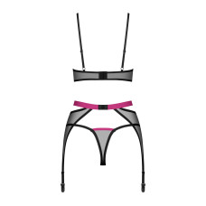 Комплект Obsessive Novenes 3-pcs set, XS/S, прозорий ліф на кісточках, стрінги, пояс