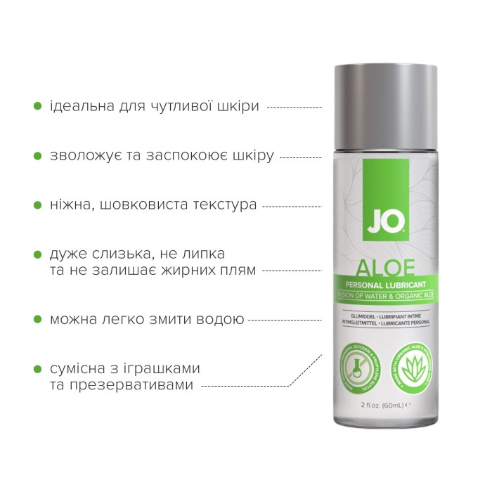Змазка на водній основі JO H2O Organic Aloe (60 мл), зволожувальний та заспокійливий ефект