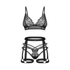 Комплект Obsessive Blomentis 3-pcs set, XL/2XL, м’який ліф, стрінги зі стрепами, пояс із гартерами