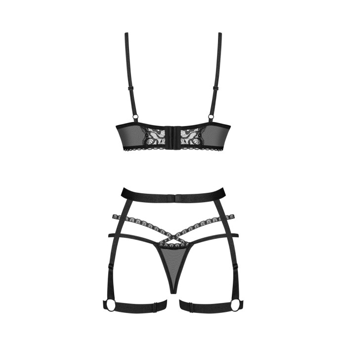 Комплект Obsessive Blomentis 3-pcs set, XL/2XL, м’який ліф, стрінги зі стрепами, пояс із гартерами