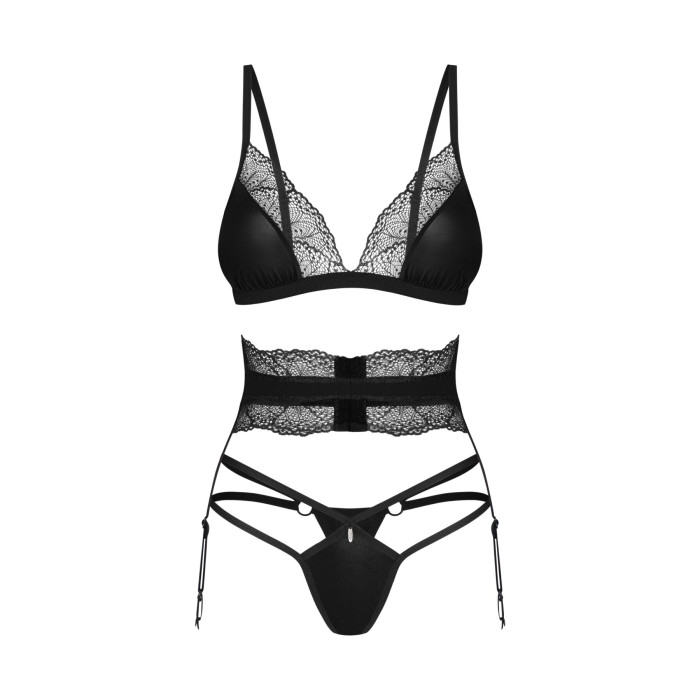 Комплект Obsessive Lobellis 3-pcs set, XS/S, чорний, ліф з м’якою чашкою, стрінги, пояс для панчіх