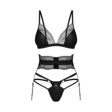 Комплект Obsessive Lobellis 3-pcs set, XL/2XL, чорний, ліф з м’якою чашкою, стрінги, пояс для панчіх
