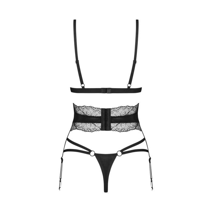 Комплект Obsessive Lobellis 3-pcs set, XL/2XL, чорний, ліф з м’якою чашкою, стрінги, пояс для панчіх