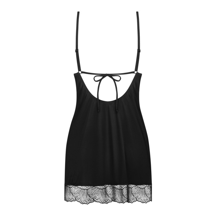 Пеньюар Obsessive Lobellis chemise & thong, XL/2XL, чорний, мереживне оздоблення, стрінги в комплекті