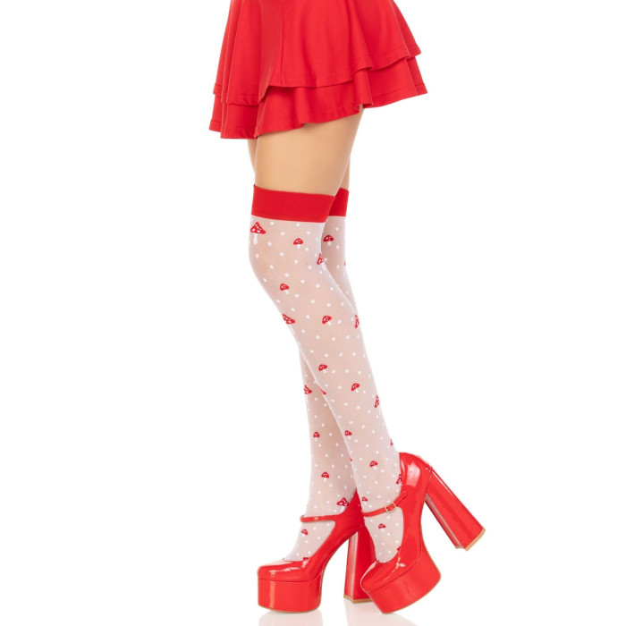 Панчохи Leg Avenue Polka Dot Mushroom Thigh Highs, One Size, біло-червоні, на резинці, малюнок — гриби