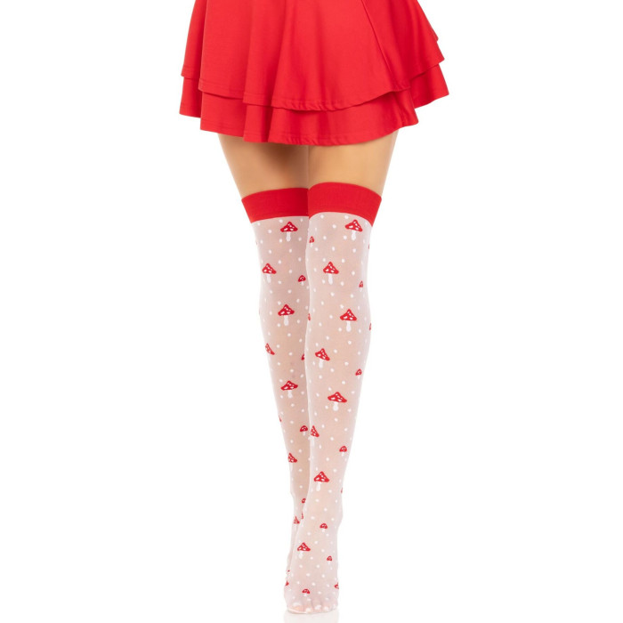 Панчохи Leg Avenue Polka Dot Mushroom Thigh Highs, One Size, біло-червоні, на резинці, малюнок — гриби