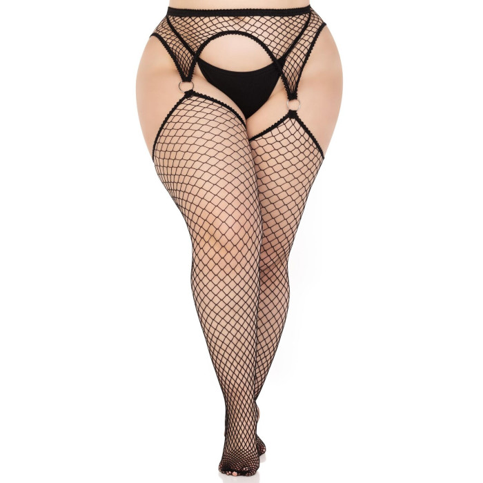 Панчохи Leg Avenue Stokings with O-ring Attached Garter Belt, 1X/2X, чорні, у сітку, імітація пояса