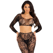 Комплект Leg Avenue Crop top & footless tights, One Size, чорний, кроп-топ та колготки без стопи
