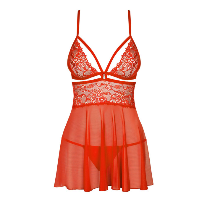 Бебі-дол Obsessive 838-BAB-3 babydoll & thong, S/M, червоний, мереживний ліф, стрінги в комплекті